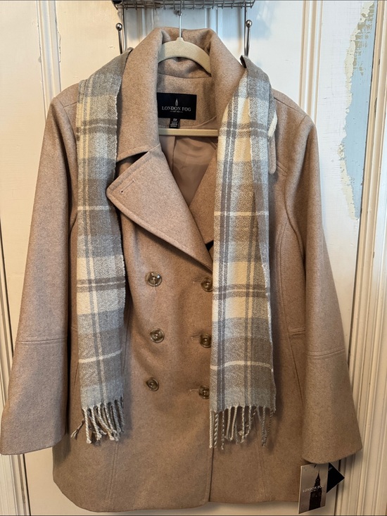 London Fog Jackets & Blazers - London Fog Taupe Double-Breasted Wool Peacoat with Plaid Scarf